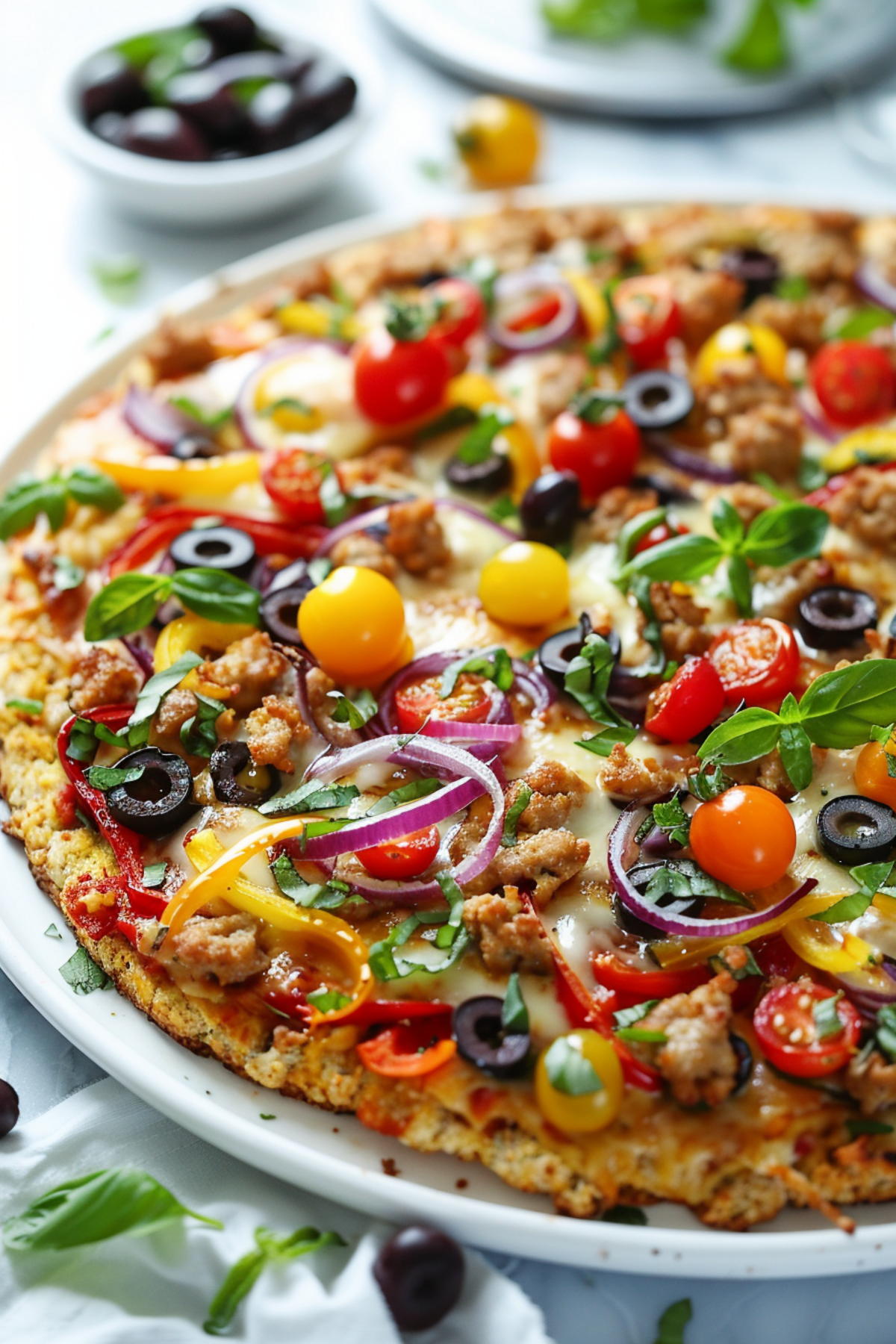 Keto Ground Chicken Crust Pizza Topped with Veggies_001
