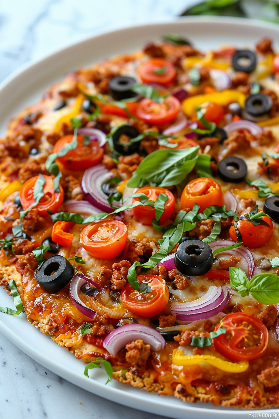 Delicious Keto Ground Chicken Crust Pizza Topped with Veggies: A