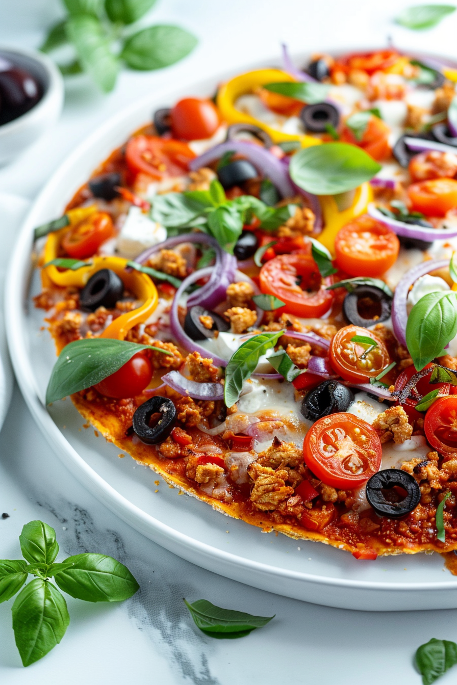 Keto Ground Chicken Crust Pizza Topped with Veggies