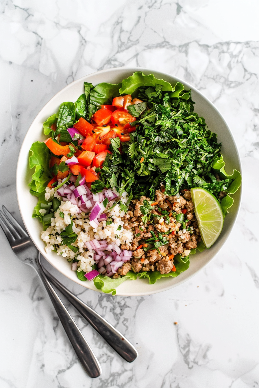 Keto Ground Chicken Larb Salad Served