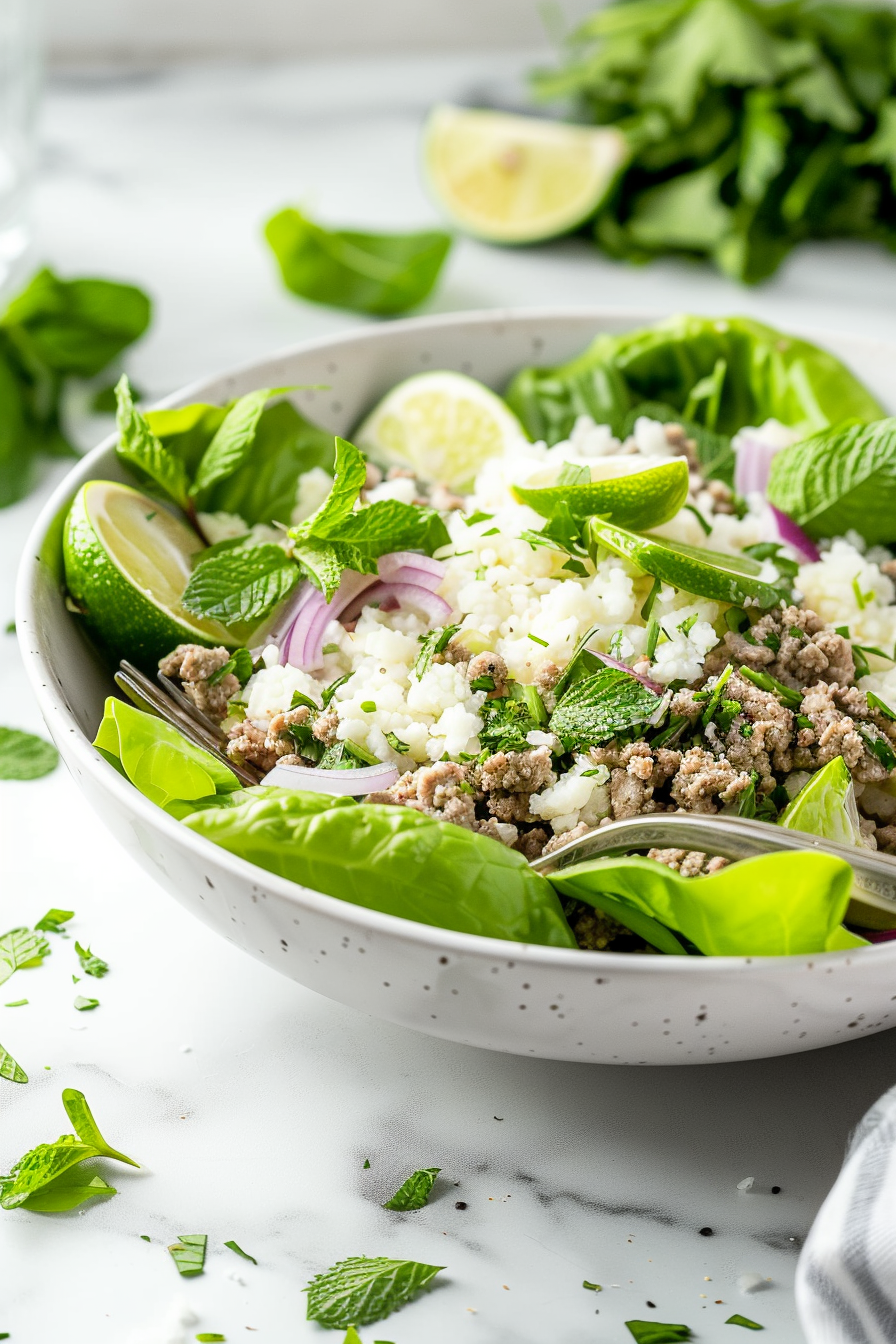 Preparing Keto Ground Chicken Larb Salad