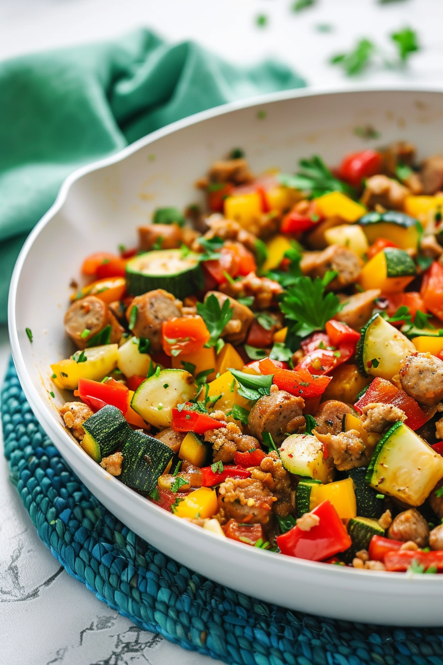 Cooking Keto Ground Chicken Sausage and Vegetable Skillet