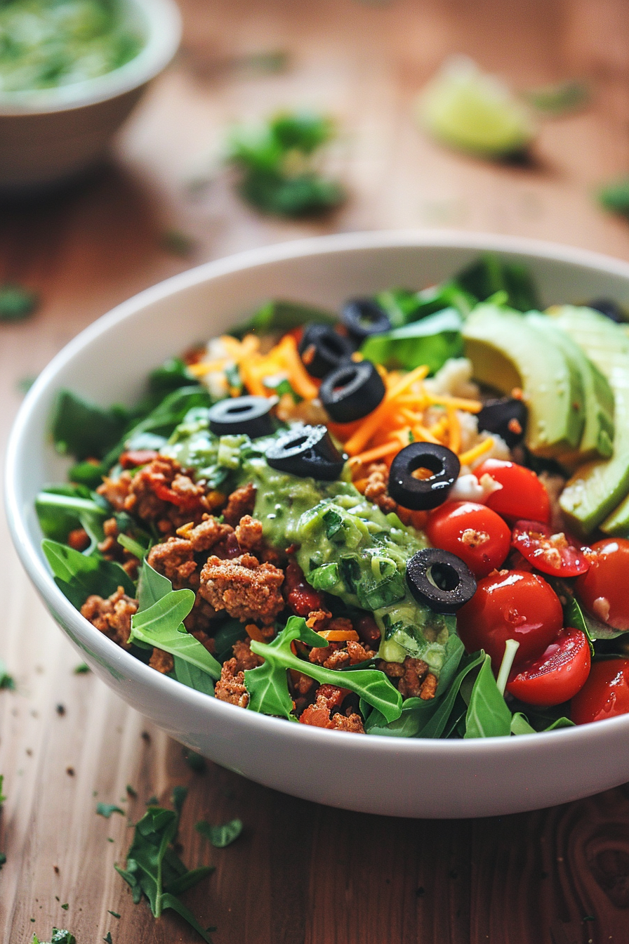 Keto Ground Chicken Taco Salad with Avocado Lime Dressing