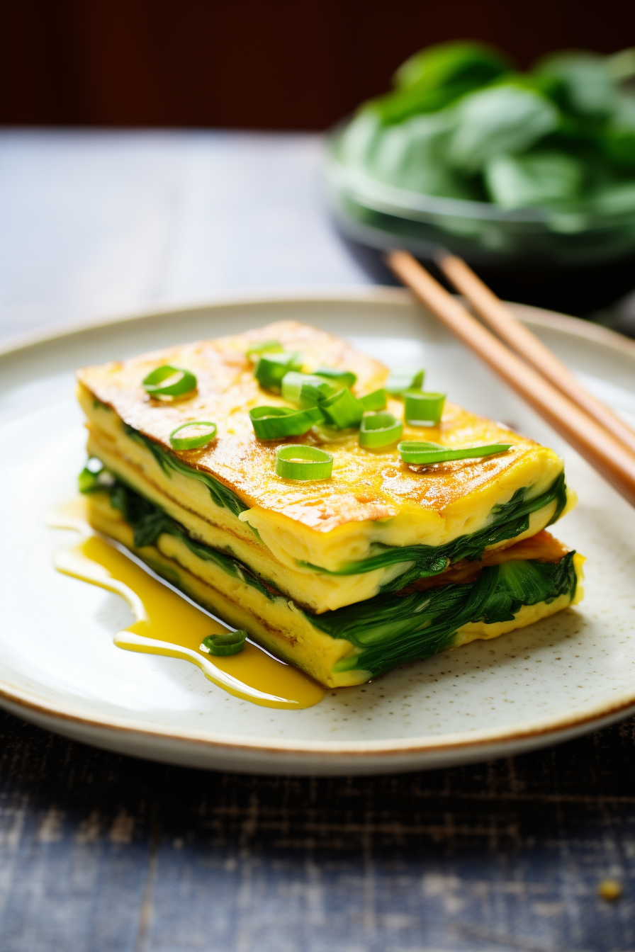 Sliced Keto Japanese Style Omelette (Tamagoyaki) with Spinach