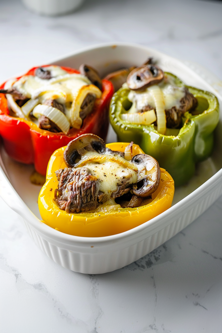 Keto Philly Cheesesteak Stuffed Peppers Ready to Serve