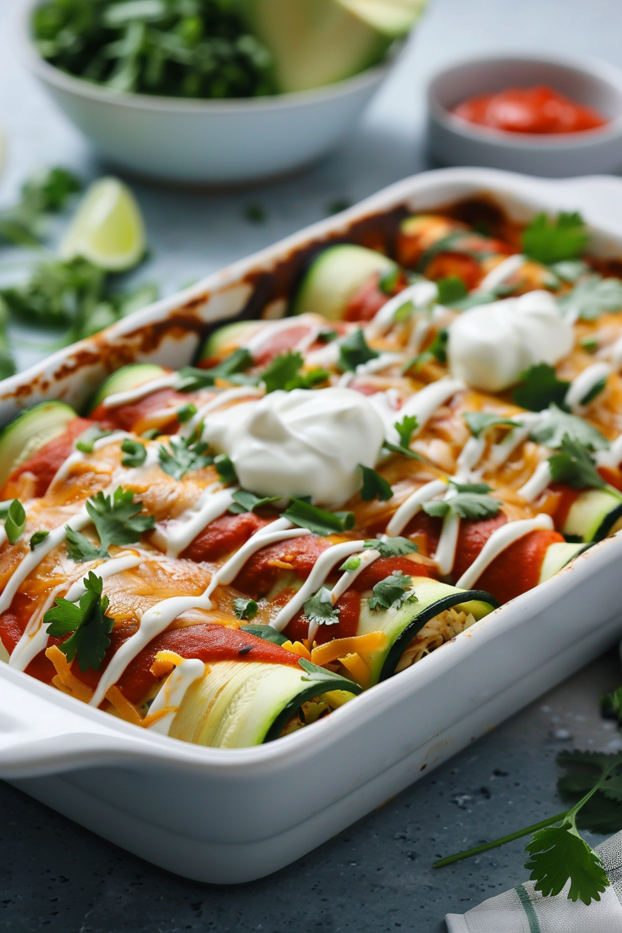 Low-Carb Chicken Zucchini Enchiladas in Dish