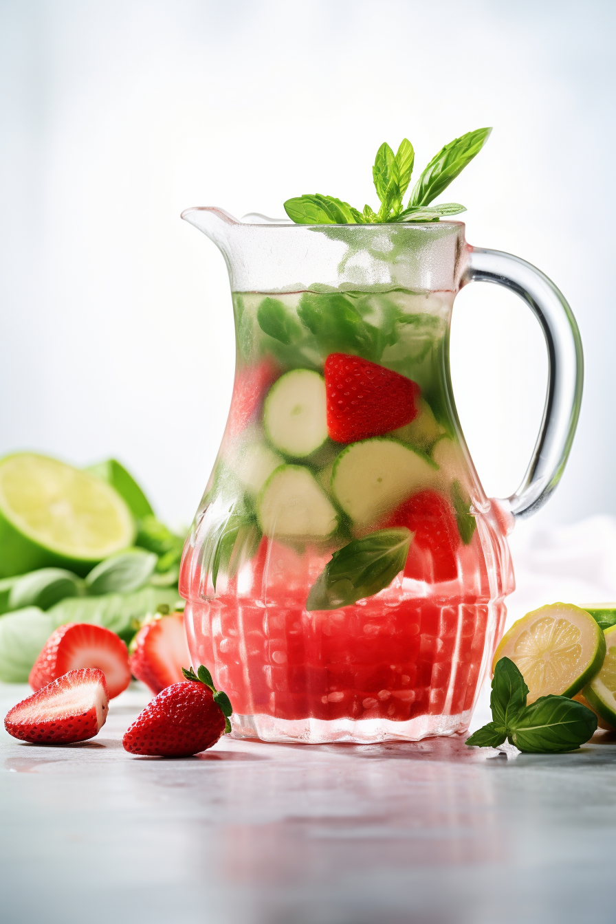 Ingredients for Low-Carb Strawberry, Cucumber, and Basil Juice