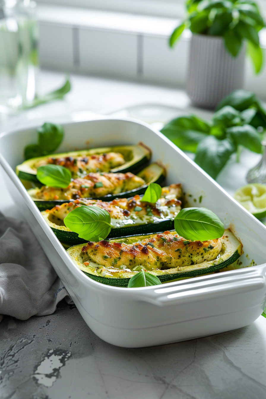 Pesto Chicken Stuffed Zucchini Boats