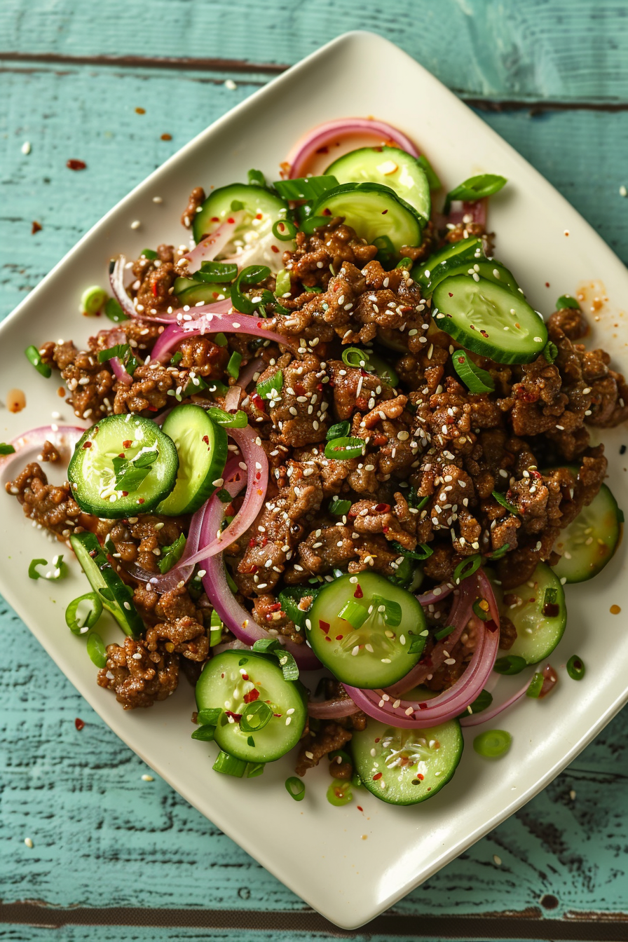 Keto Korean Ground Beef with Cucumber Salad Served