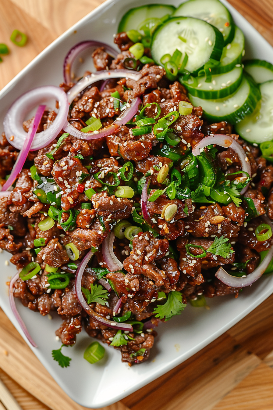 Spicy Keto Korean Ground Beef with Cucumber Salad