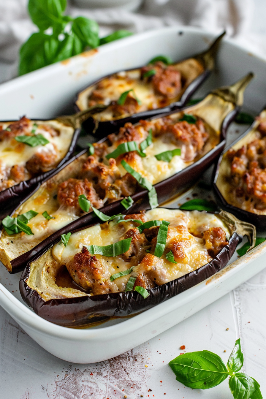 Keto Stuffed Eggplants with Italian Sausage and Mozzarella