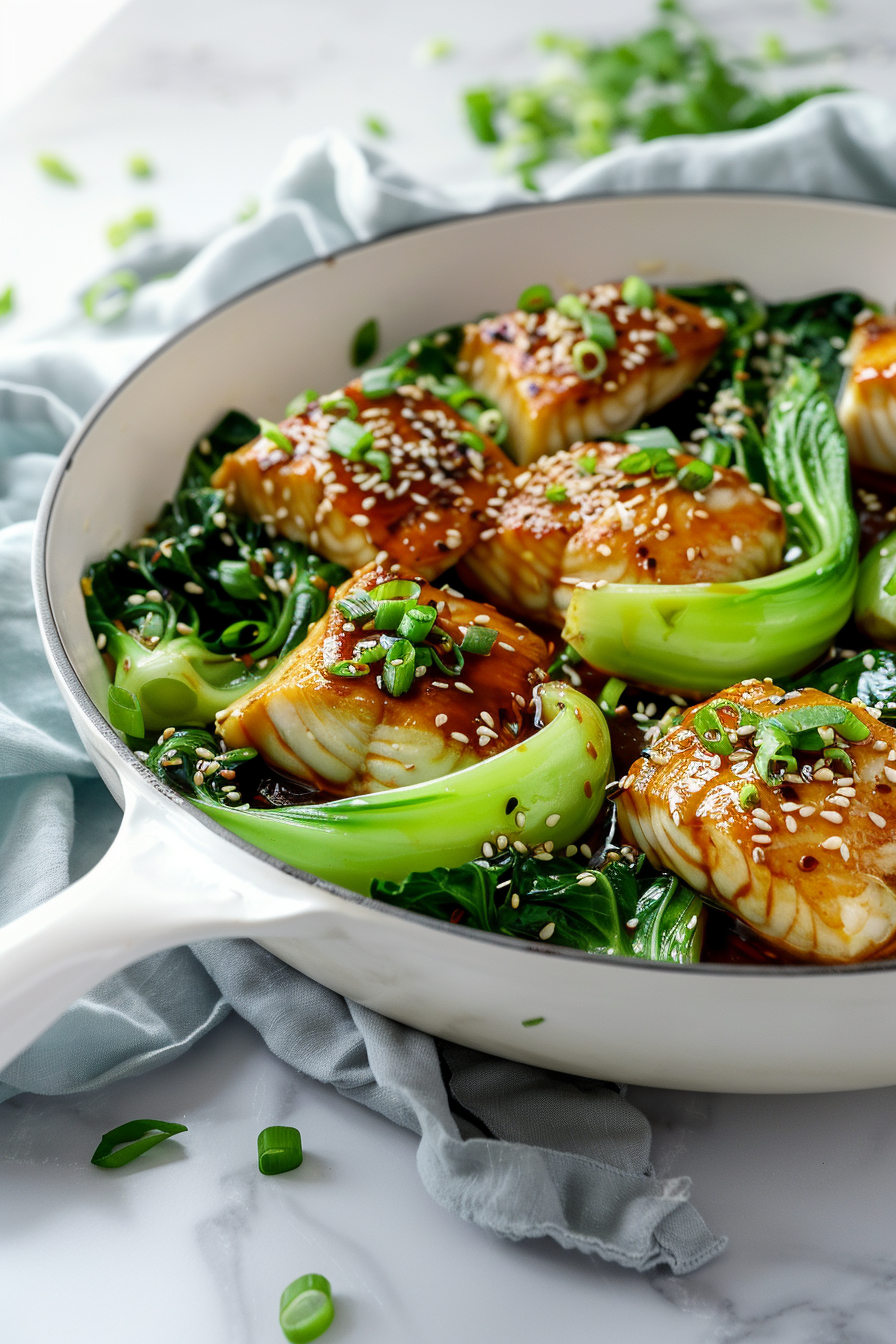 Asian-Style Keto Braised Cod with Bok Choy in a Skillet