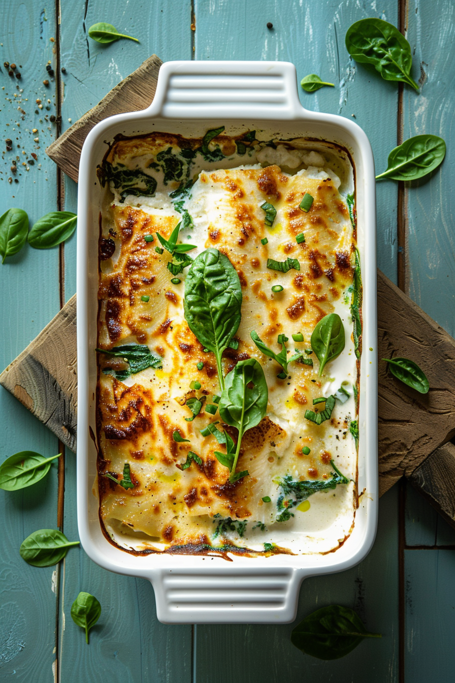 Creamy Keto Cod and Spinach Casserole in Baking Dish