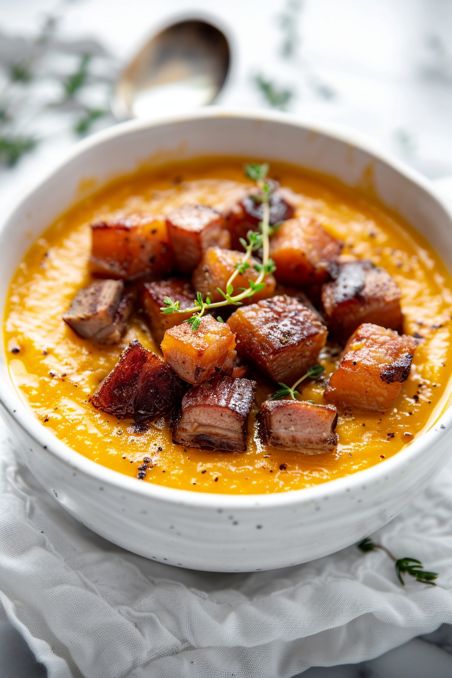 Creamy Keto Pumpkin Soup with Crispy Pork Belly
