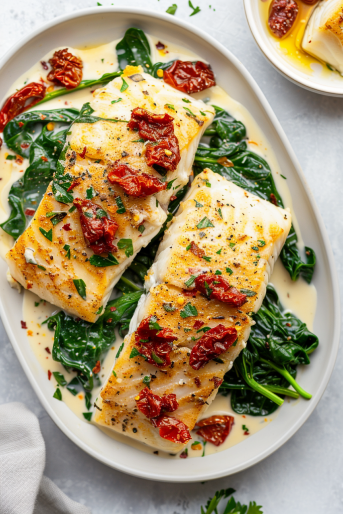 Easy and Delicious Creamy Keto Tuscan Cod with Spinach and SunDried