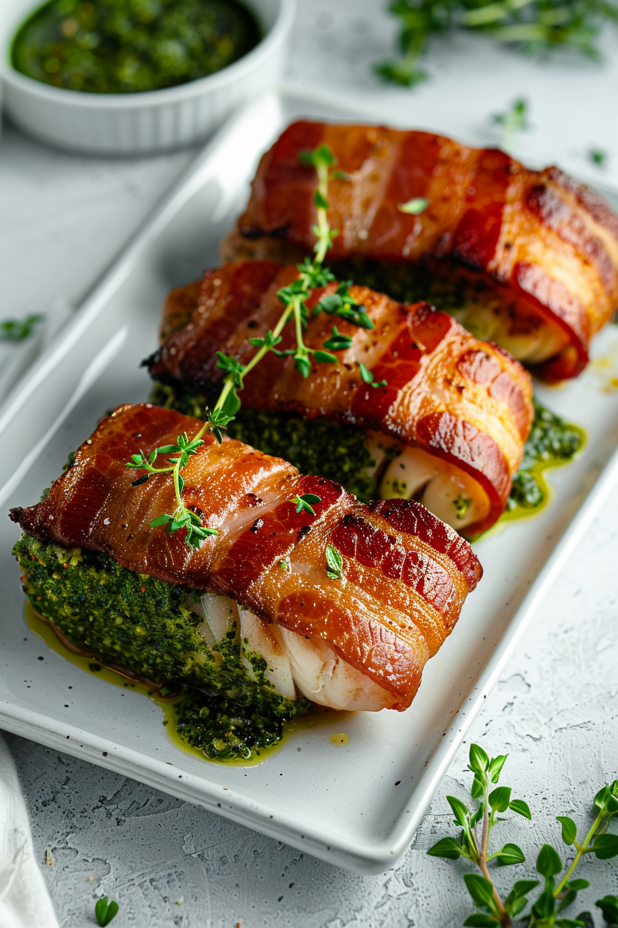 Keto Pesto Stuffed Cod Wrapped in Bacon Ready to Serve