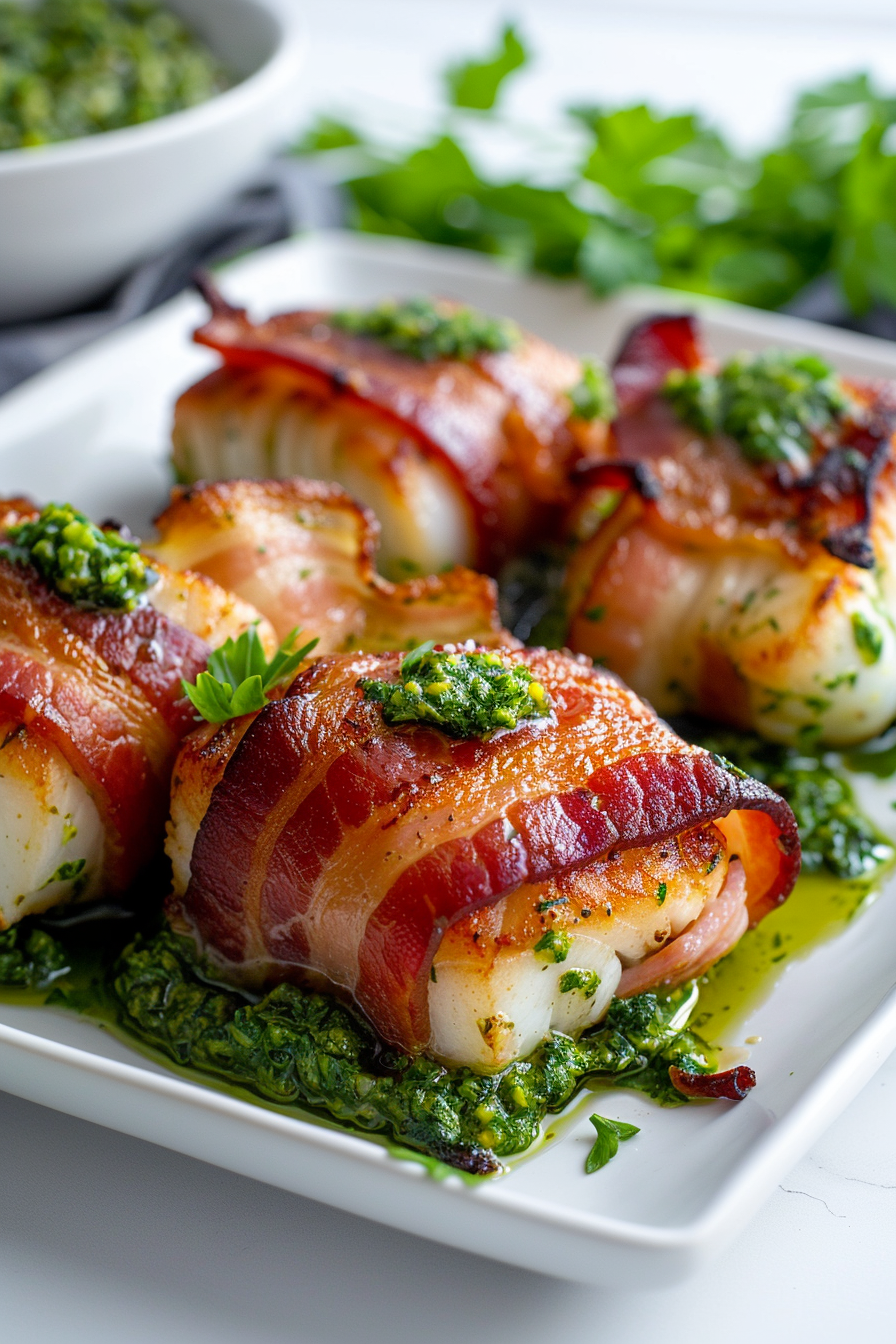 Keto Pesto Stuffed Cod Wrapped in Bacon