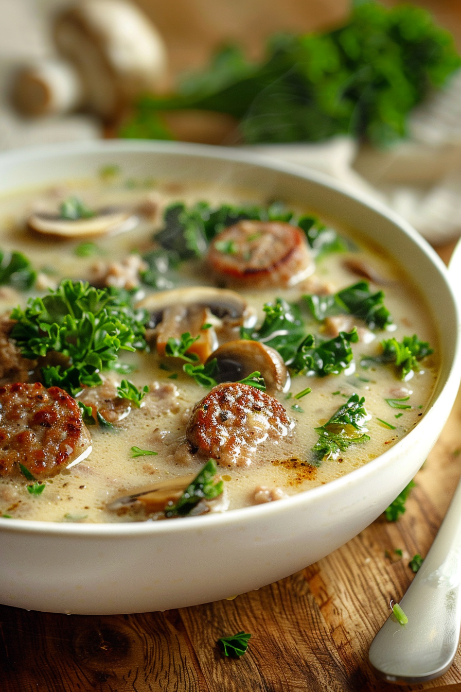 Ingredients for Keto Sausage and Kale Soup with Mushroom
