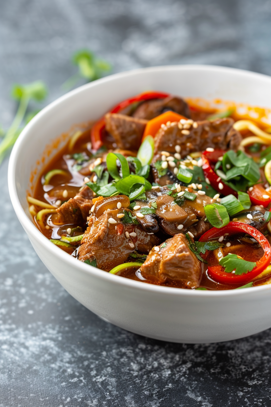 Spicy Keto Ginger Pork and Noodle Soup Ready to Serve