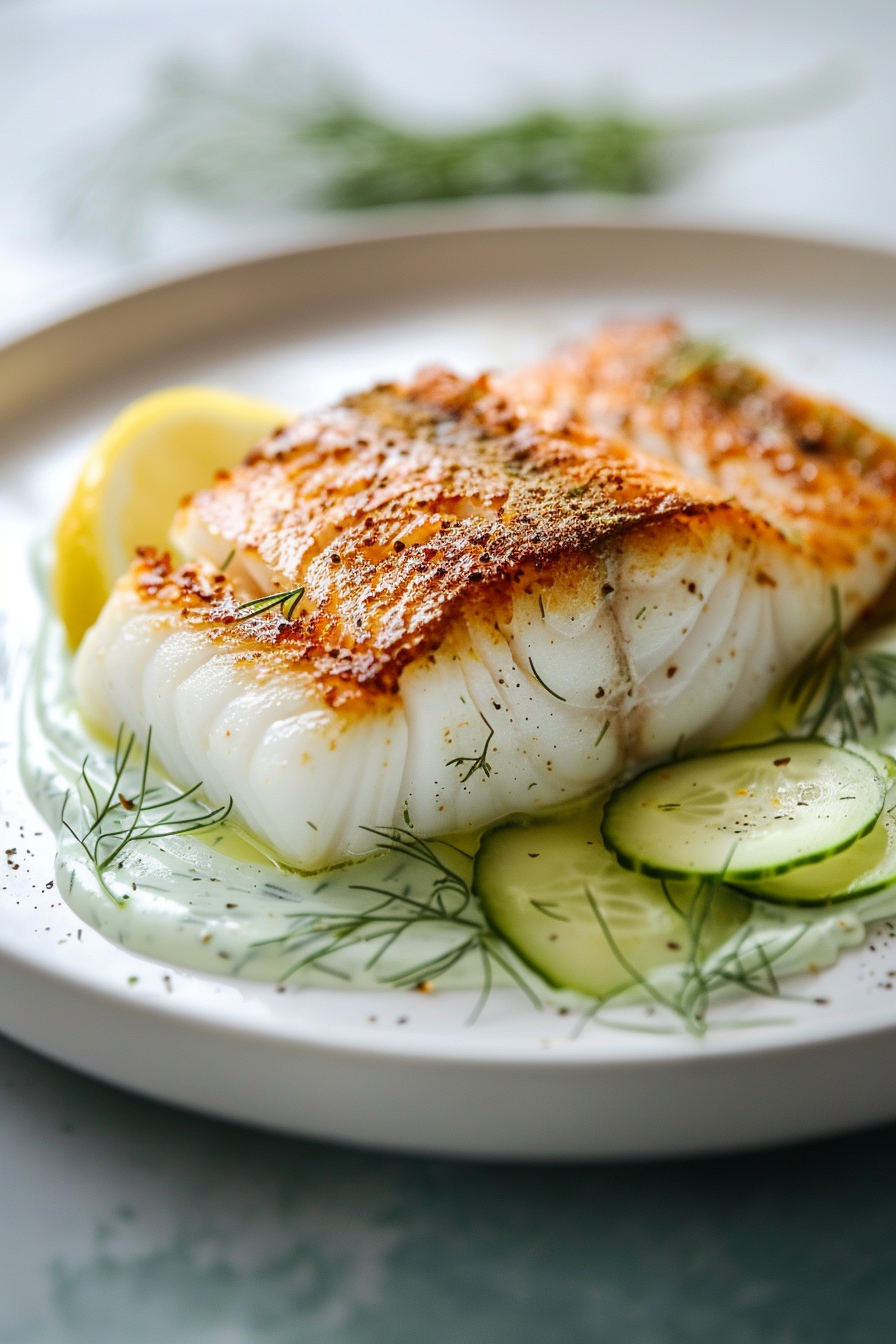 Keto Chilean Seabass with Cucumber and Dill Yogurt Sauce
