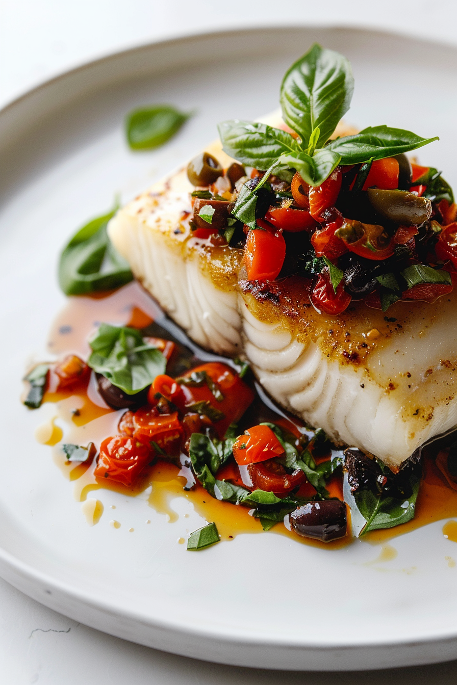 Keto Chilean Seabass with Tomato and Olive Tapenade