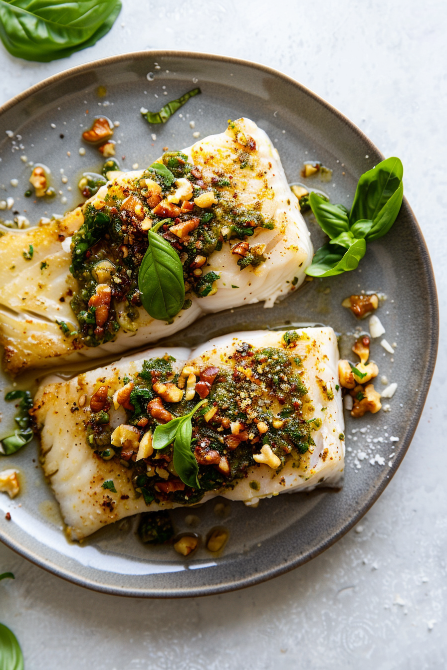 Keto Chilean Seabass with Walnut Pesto Crust