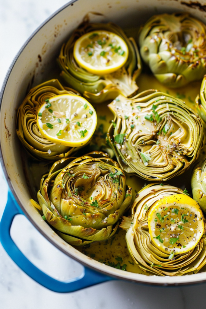 Keto Dutch Oven Braised Artichokes with Lemon and Garlic_001