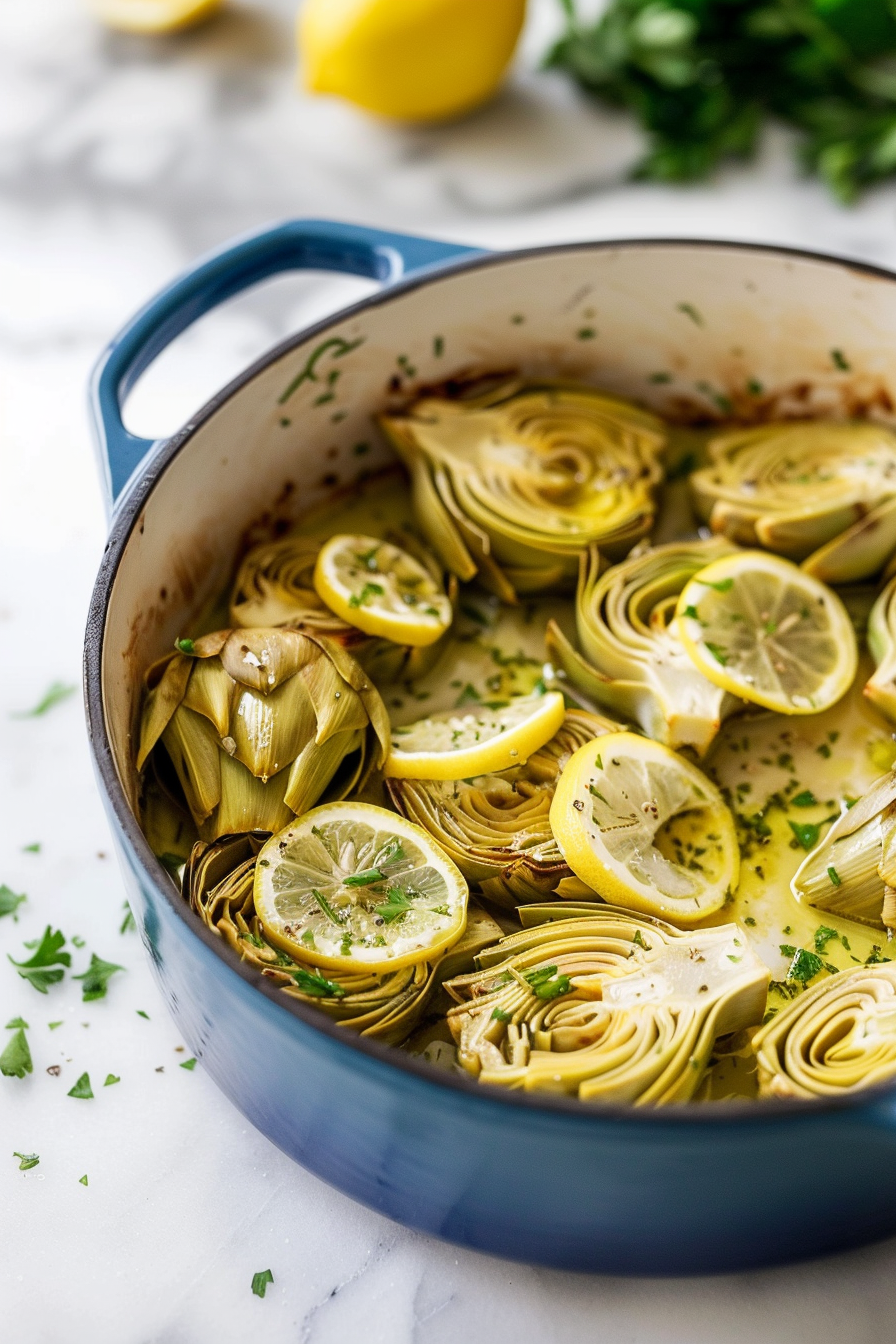 Preparing Keto Dutch Oven Braised Artichokes