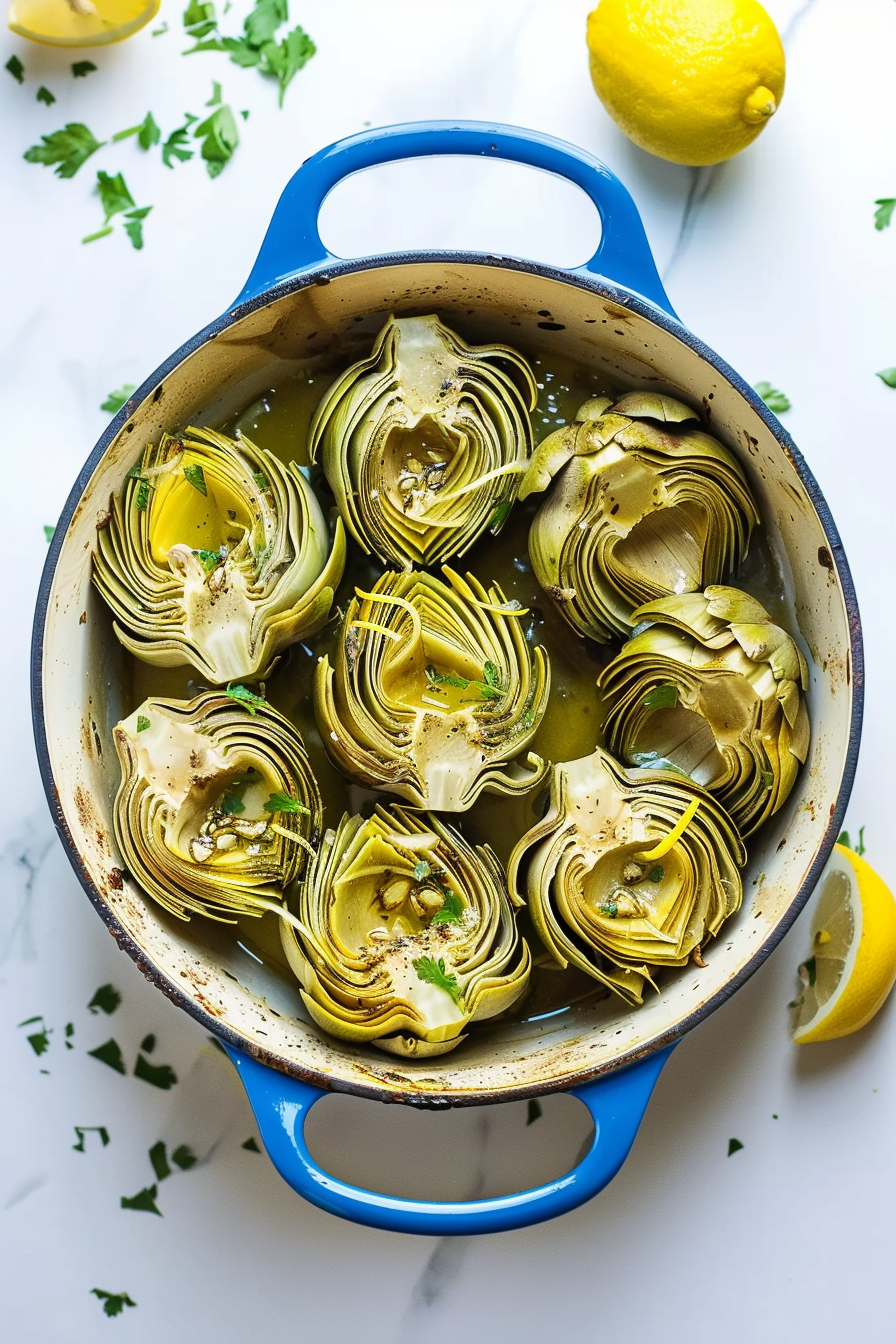 Keto Dutch Oven Braised Artichokes with Lemon and Garlic