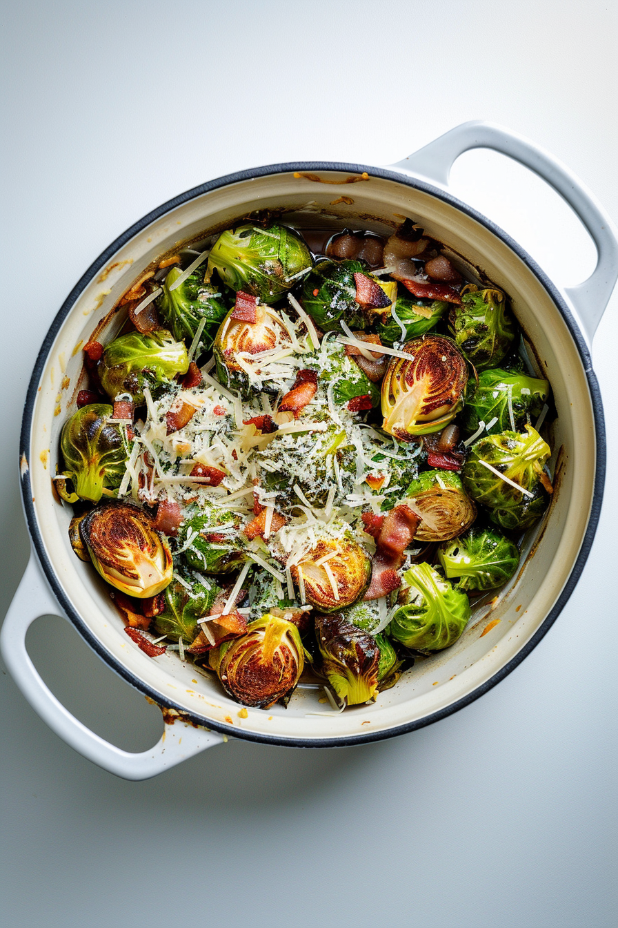 Keto Dutch Oven Roasted Brussels Sprouts with Bacon and Parmesan