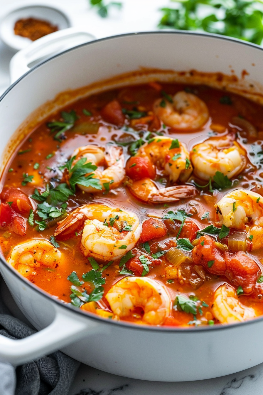 Keto Dutch Oven Spicy Tomato and Seafood Stew Served