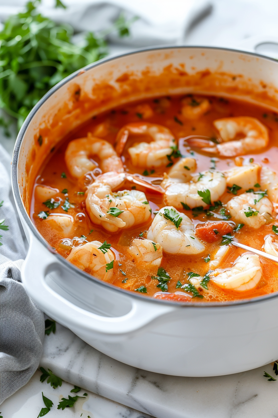 Preparing Keto Dutch Oven Spicy Tomato and Seafood Stew