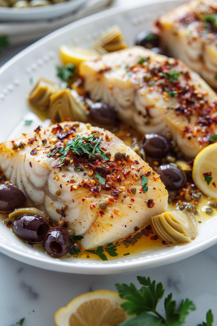 Keto Mediterranean Chilean Seabass with Olives and Artichokes