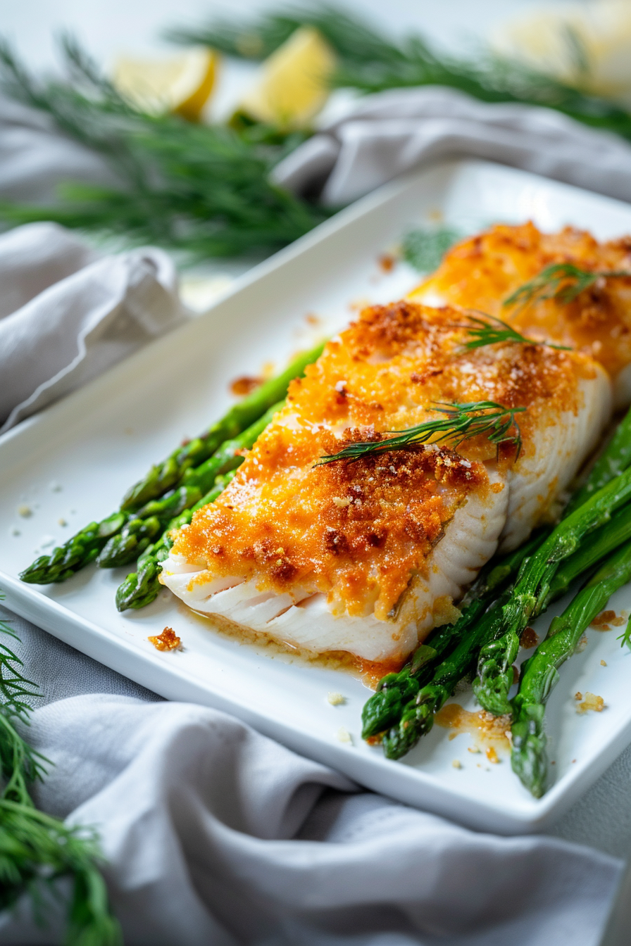 Keto Parmesan Chilean Seabass with Asparagus Ready to Serve