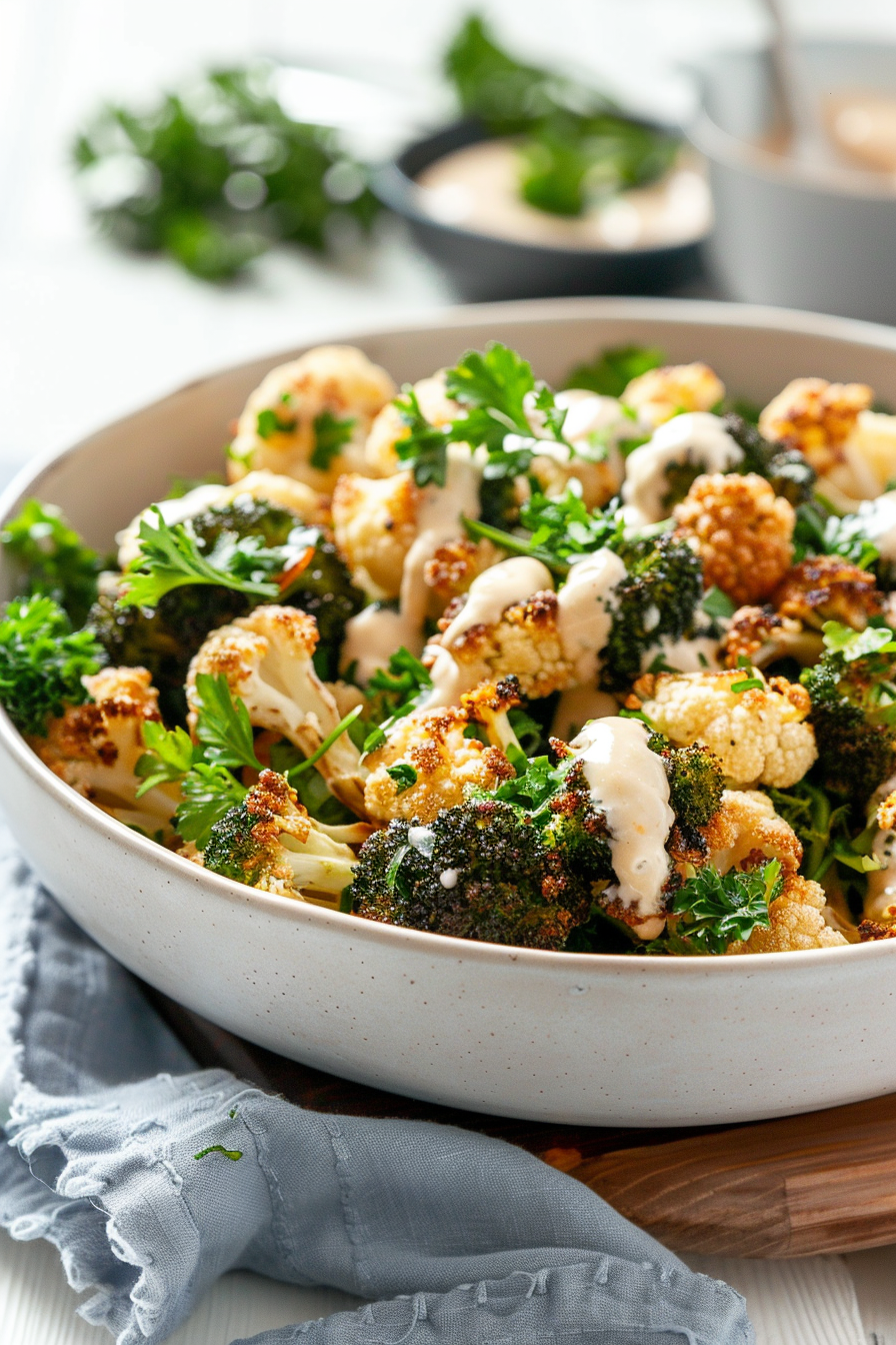 Keto Roasted Broccoli and Cauliflower Salad with Tahini Dressing