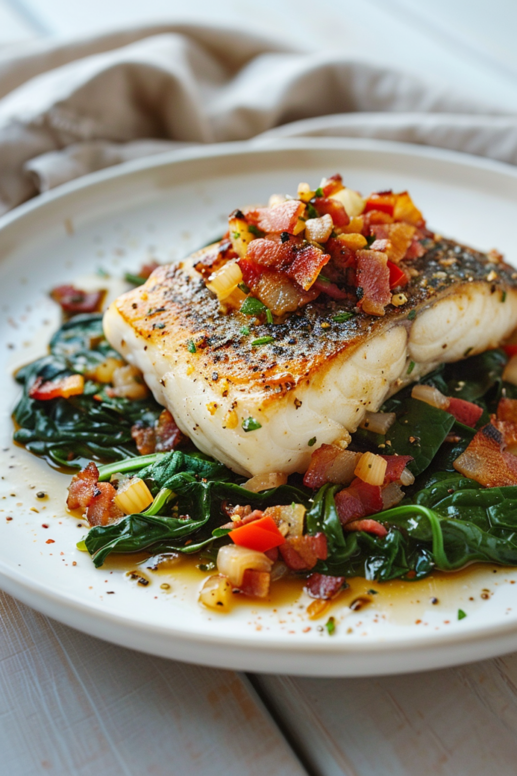 Easy Keto Seabass Recipe with Bacon Braised Greens for a Healthy Dinner