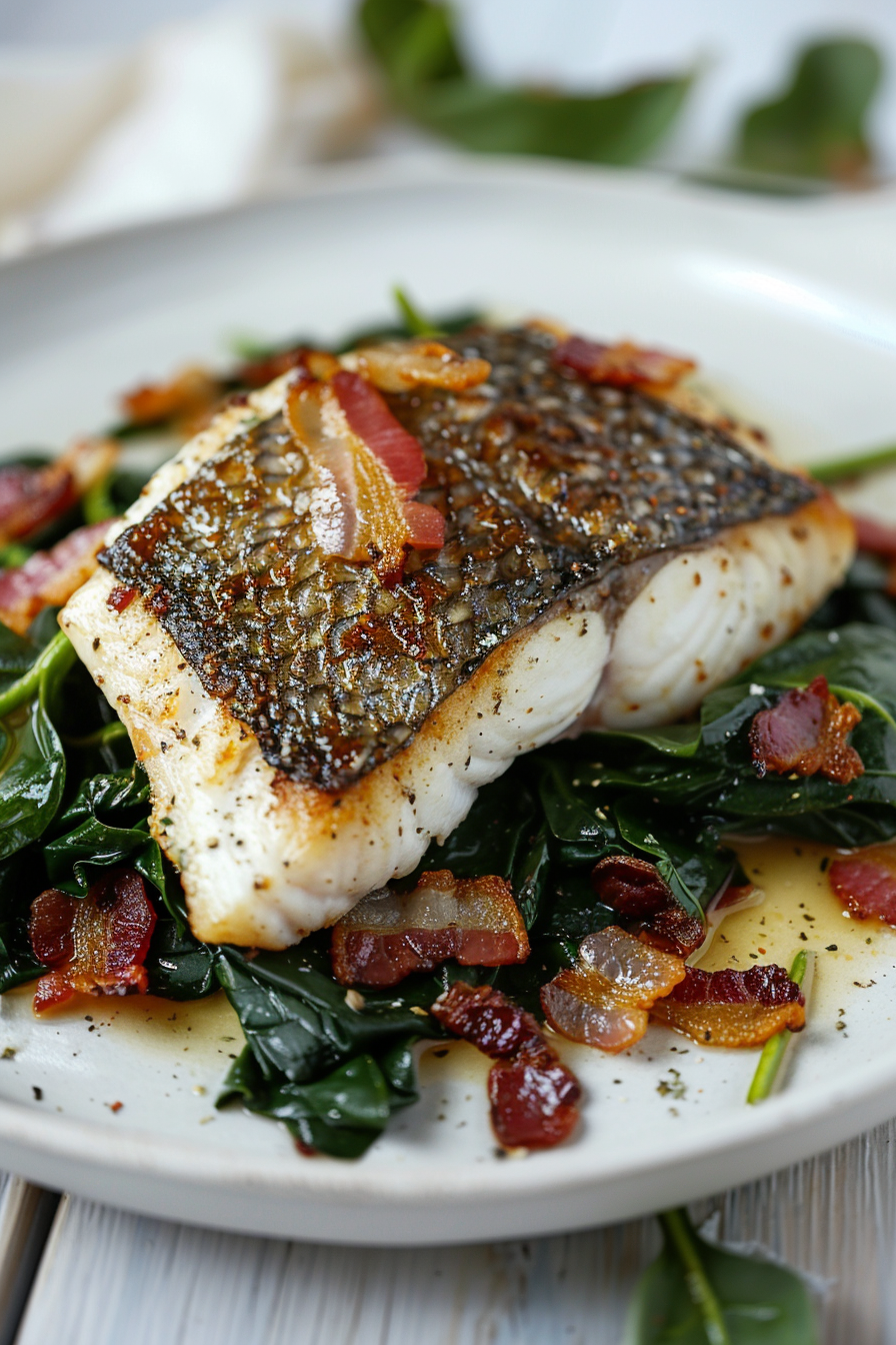 Keto Seabass with Bacon Braised Greens Served