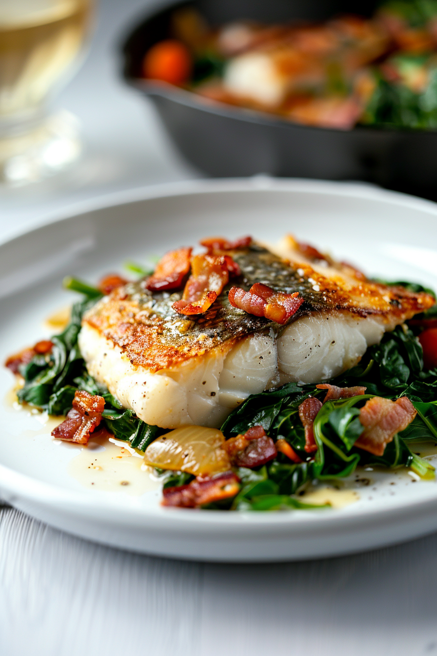 Preparing Keto Seabass with Bacon Braised Greens