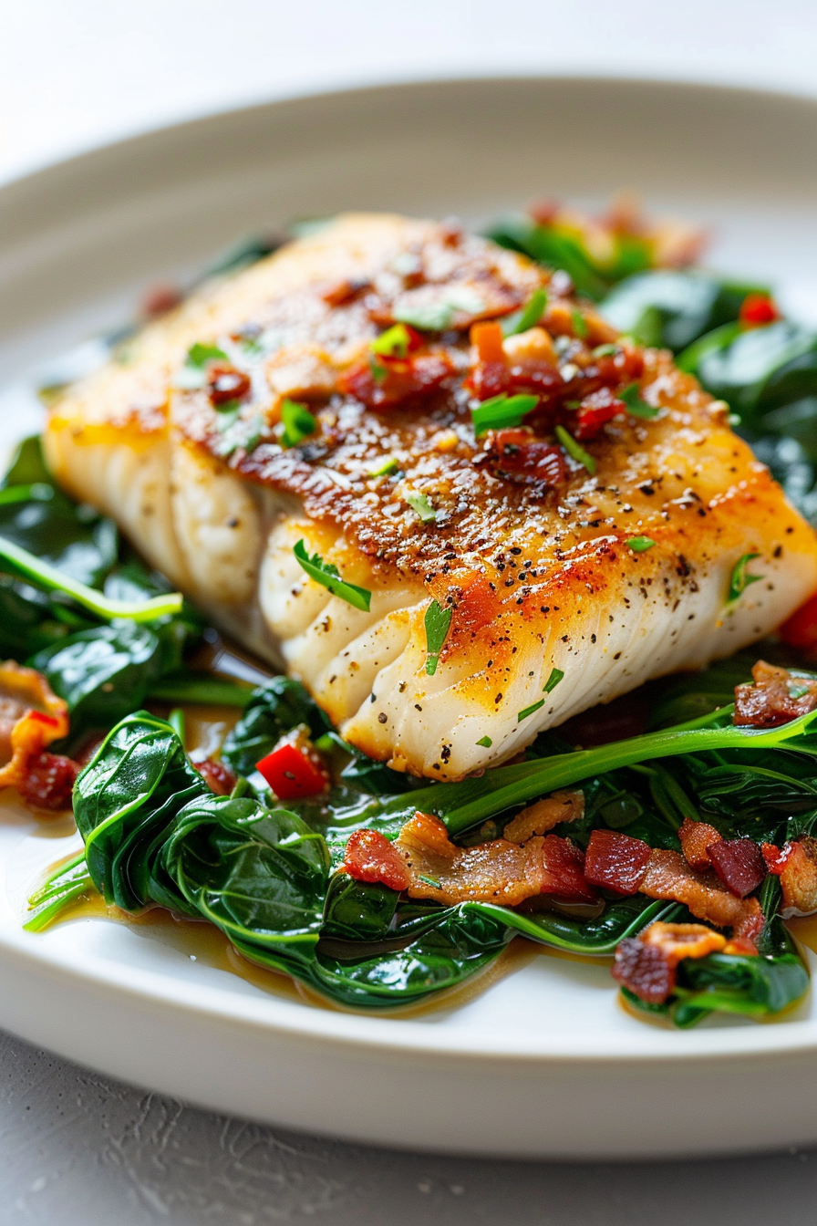 Keto Seabass with Bacon Braised Greens