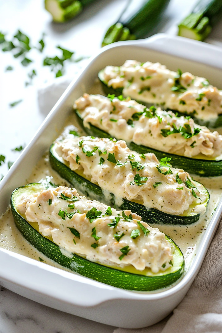 Baked Chicken Alfredo Stuffed Zucchini Boats