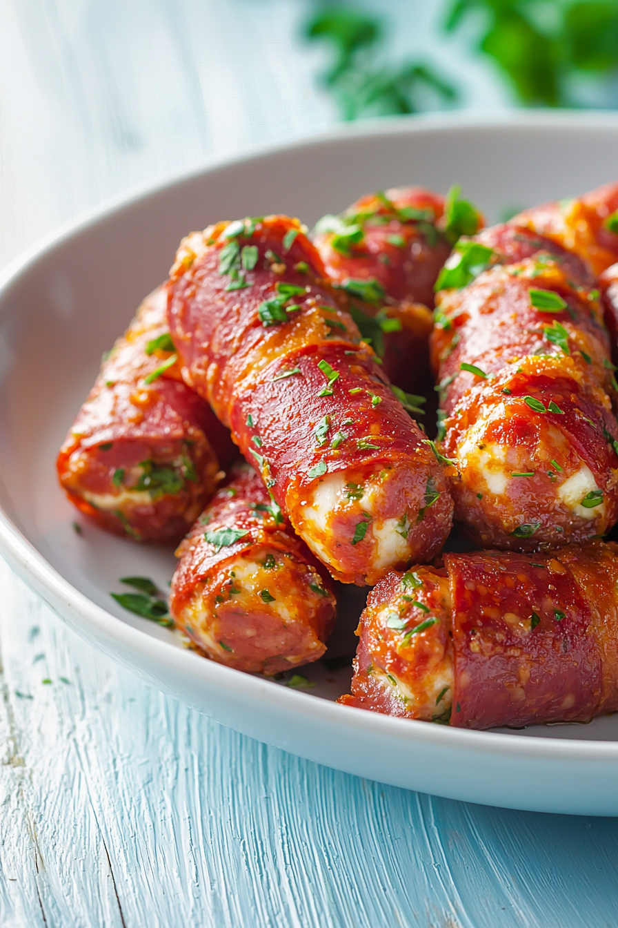 Pepperoni-Wrapped Mozzarella Sticks Ready to Serve