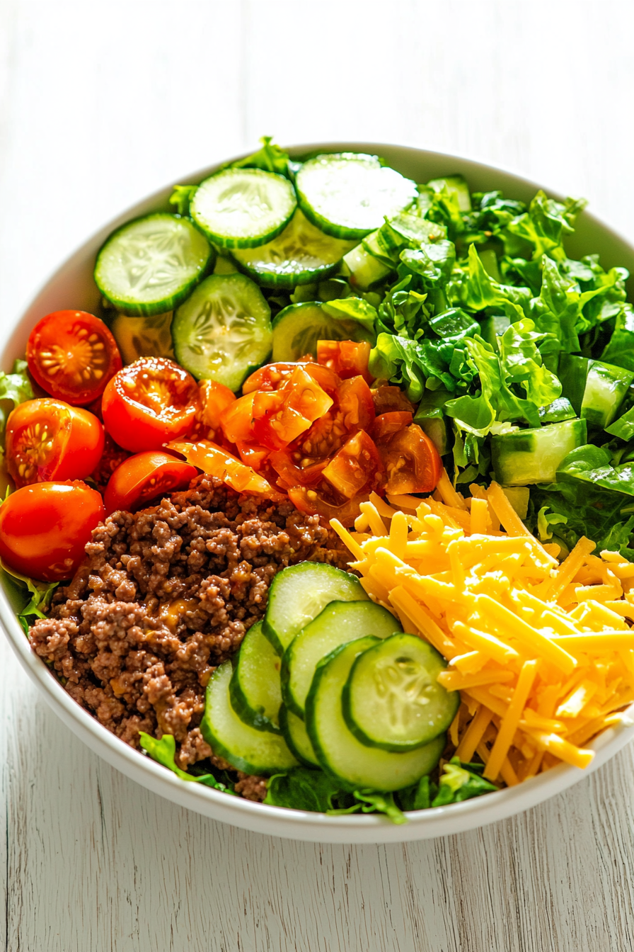 Cheeseburger Salad with Pickle Dressing Served