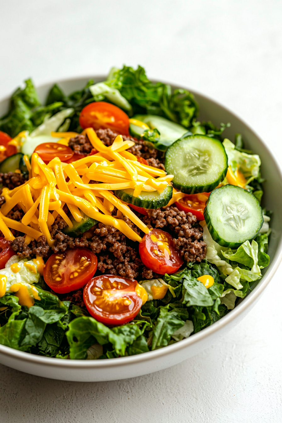 Cheeseburger Salad with Pickle Dressing