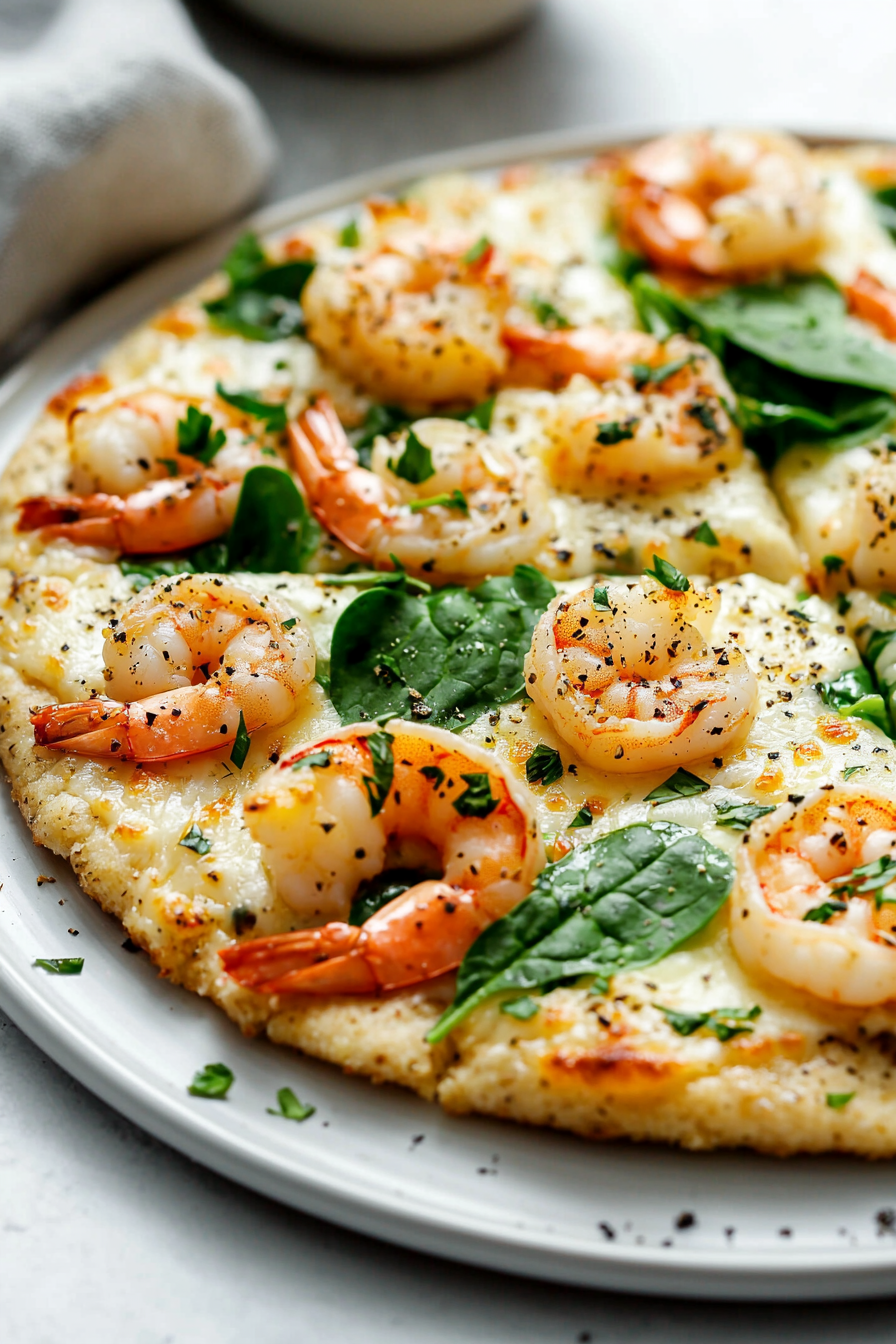 Keto Creamy Garlic Shrimp Pizza