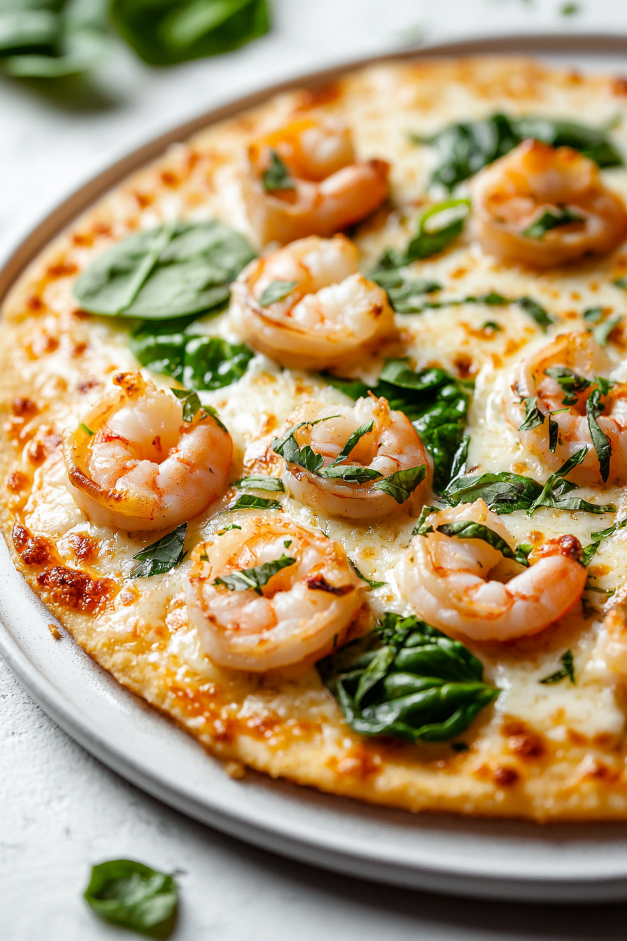Keto Creamy Garlic Shrimp Pizza