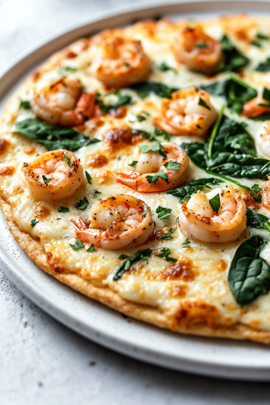 Keto Creamy Garlic Shrimp Pizza